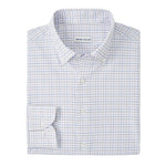 The Rommel Performance Twill Sport Shirt by Peter Millar features a folded, long-sleeve design in light blue and gray plaid, crafted from soft performance fabric for comfort and style.