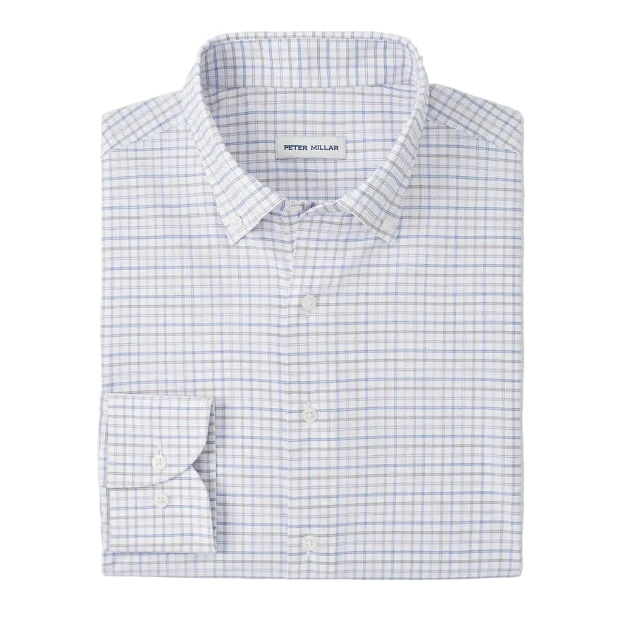 The Rommel Performance Twill Sport Shirt by Peter Millar features a folded, long-sleeve design in light blue and gray plaid, crafted from soft performance fabric for comfort and style.