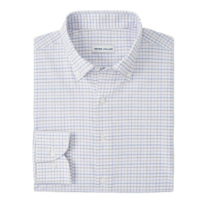The Rommel Performance Twill Sport Shirt by Peter Millar features a folded, long-sleeve design in light blue and gray plaid, crafted from soft performance fabric for comfort and style.