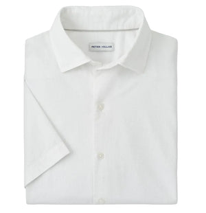 A neatly folded Peter Millar Seaward Cotton Lyocell Sport Shirt with short sleeves, a collar, and a visible inside brand label.