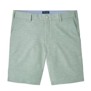 The Peter Millar Surge Linen-Blend Performance Short in light green features front pockets, belt loops, a button closure, and breathable fabric for all-day comfort and style. Displayed on a white background.