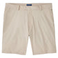 The Bingham Performance Short by Peter Millar in beige is a wrinkle-resistant, knee-length style featuring belt loops, front pockets, and a zipper fly, shown laid flat on a white background.