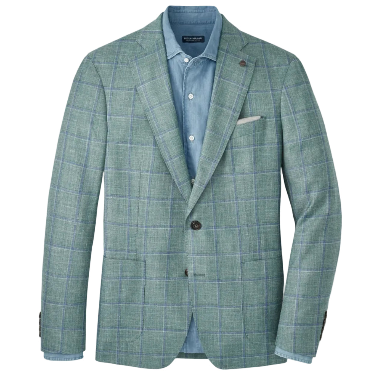 The Peter Millar Salisbury Windowpane Soft Jacket features a light green plaid with blue lines, crafted in lightweight wool. Shown with a blue button-down shirt and white pocket square on a white background.