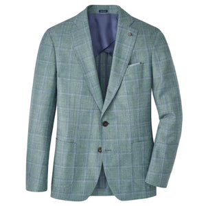The Salisbury Windowpane Soft Jacket by Peter Millar is a light green plaid blazer, European-crafted from lightweight wool with a notched lapel, two-button closure, chest pocket, and two front pockets—shown on a white background.
