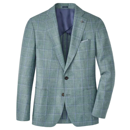 The Salisbury Windowpane Soft Jacket by Peter Millar is a light green plaid blazer, European-crafted from lightweight wool with a notched lapel, two-button closure, chest pocket, and two front pockets—shown on a white background.