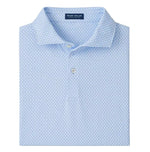 A neatly folded Peter Millar Mayfield Performance Jersey Polo in light blue, featuring a subtle geometric pattern, classic collar, and four-way stretch for all-day comfort.