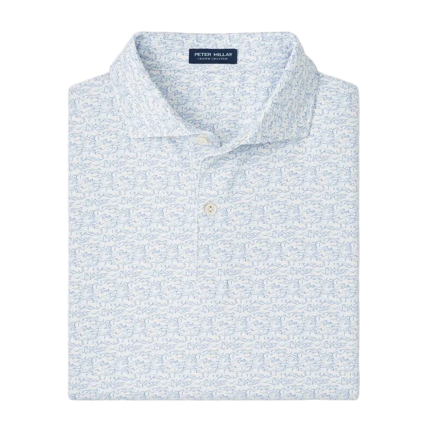 The Peter Millar Melody Sea Performance Jersey Polo is a light blue and white patterned short-sleeve shirt with a collar and two buttons, neatly folded. It offers comfortable four-way stretch for ease of movement.
