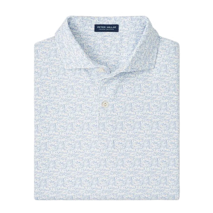 The Peter Millar Melody Sea Performance Jersey Polo is a light blue and white patterned short-sleeve shirt with a collar and two buttons, neatly folded. It offers comfortable four-way stretch for ease of movement.