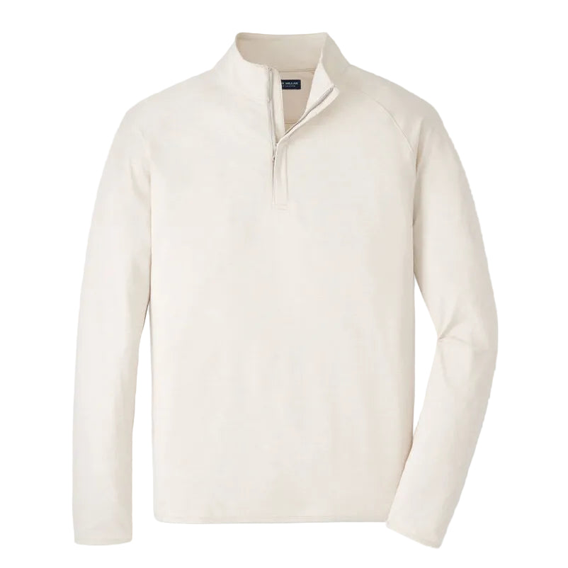 The Peter Millar Stealth Stripe Performance Quarter-Zip is a lightweight, long-sleeve, off-white pullover with a standing collar, shown on a white background.