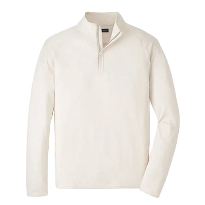 The Peter Millar Stealth Stripe Performance Quarter-Zip is a lightweight, long-sleeve, off-white pullover with a standing collar, shown on a white background.