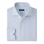 The Peter Millar Excursionist Flex Stripe Sport Shirt features light blue and white vertical stripes, is wrinkle-resistant, and is shown neatly folded with the collar and cuff visible.