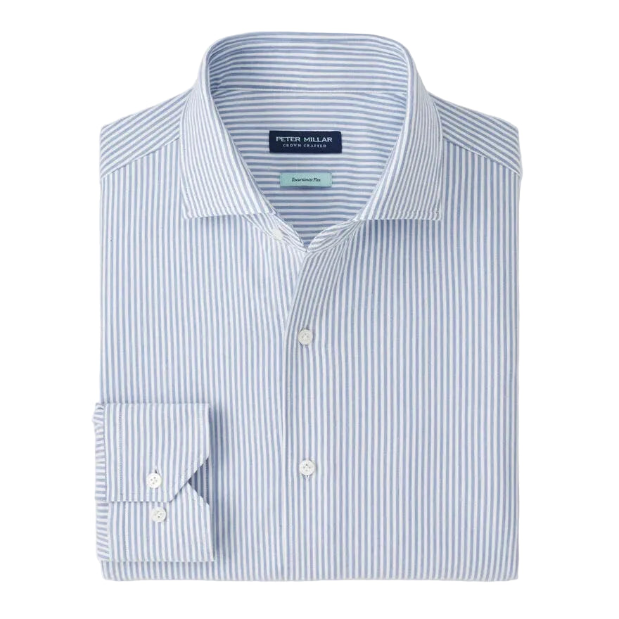 The Peter Millar Excursionist Flex Stripe Sport Shirt features light blue and white vertical stripes, is wrinkle-resistant, and is shown neatly folded with the collar and cuff visible.