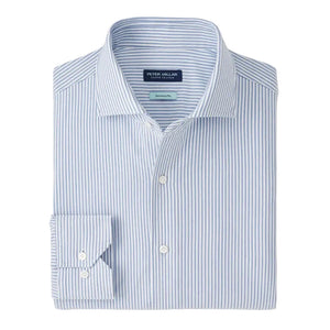 The Peter Millar Excursionist Flex Stripe Sport Shirt features light blue and white vertical stripes, is wrinkle-resistant, and is shown neatly folded with the collar and cuff visible.