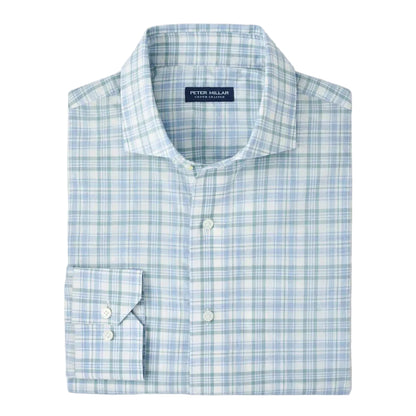 The Peter Millar Tropea Italian Poplin Sport Shirt is a folded long-sleeve shirt in light blue and green plaid, made from lightweight Italian cotton poplin, featuring the Peter Millar label inside the collar.
