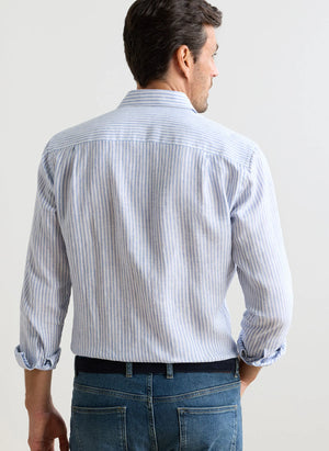 A man is shown from the back wearing the Peter Millar Astino Lino Stripe Sport Shirt in light blue and white Italian linen with mother-of-pearl buttons, paired with blue jeans, against a plain background.