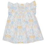The Magnetic Me Girls' Cotton Poplin Easy Peasy Sleeveless Dress is made from white organic cotton and features ruffled shoulders with pastel yellow, blue, and pink animal and floral patterns.