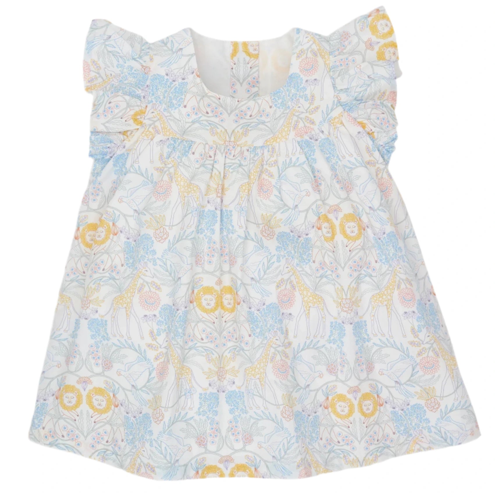 The Magnetic Me Girls' Cotton Poplin Easy Peasy Sleeveless Dress is made from white organic cotton and features ruffled shoulders with pastel yellow, blue, and pink animal and floral patterns.