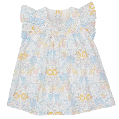 The Magnetic Me Girls' Cotton Poplin Easy Peasy Sleeveless Dress is made from white organic cotton and features ruffled shoulders with pastel yellow, blue, and pink animal and floral patterns.