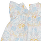 Close-up of Magnetic Me Girls' Cotton Poplin Easy Peasy Sleeveless Dress, made from organic cotton with ruffled sleeves and pastel animal and floral prints—lions, giraffes, and birds—on a white background.