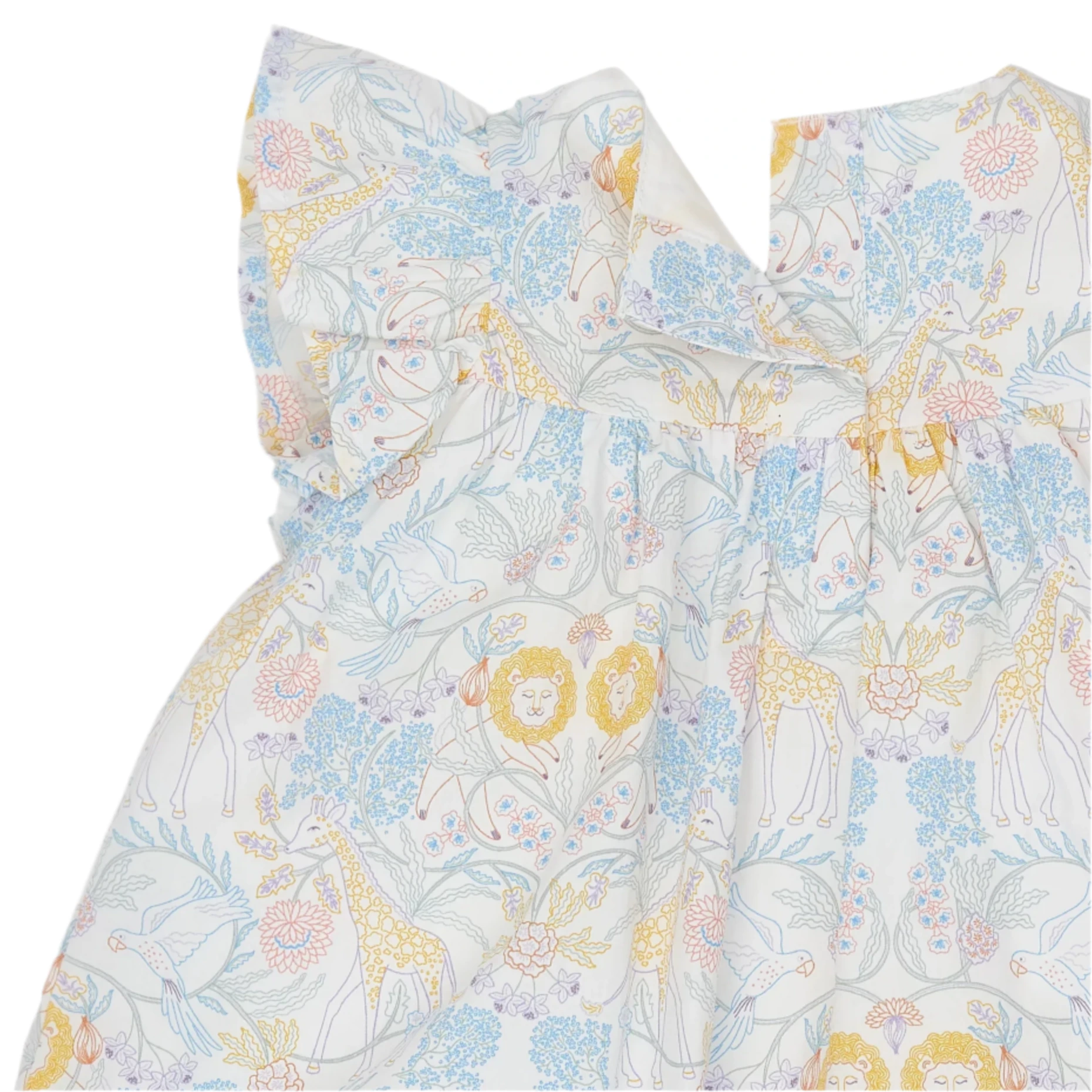Close-up of Magnetic Me Girls' Cotton Poplin Easy Peasy Sleeveless Dress, made from organic cotton with ruffled sleeves and pastel animal and floral prints—lions, giraffes, and birds—on a white background.