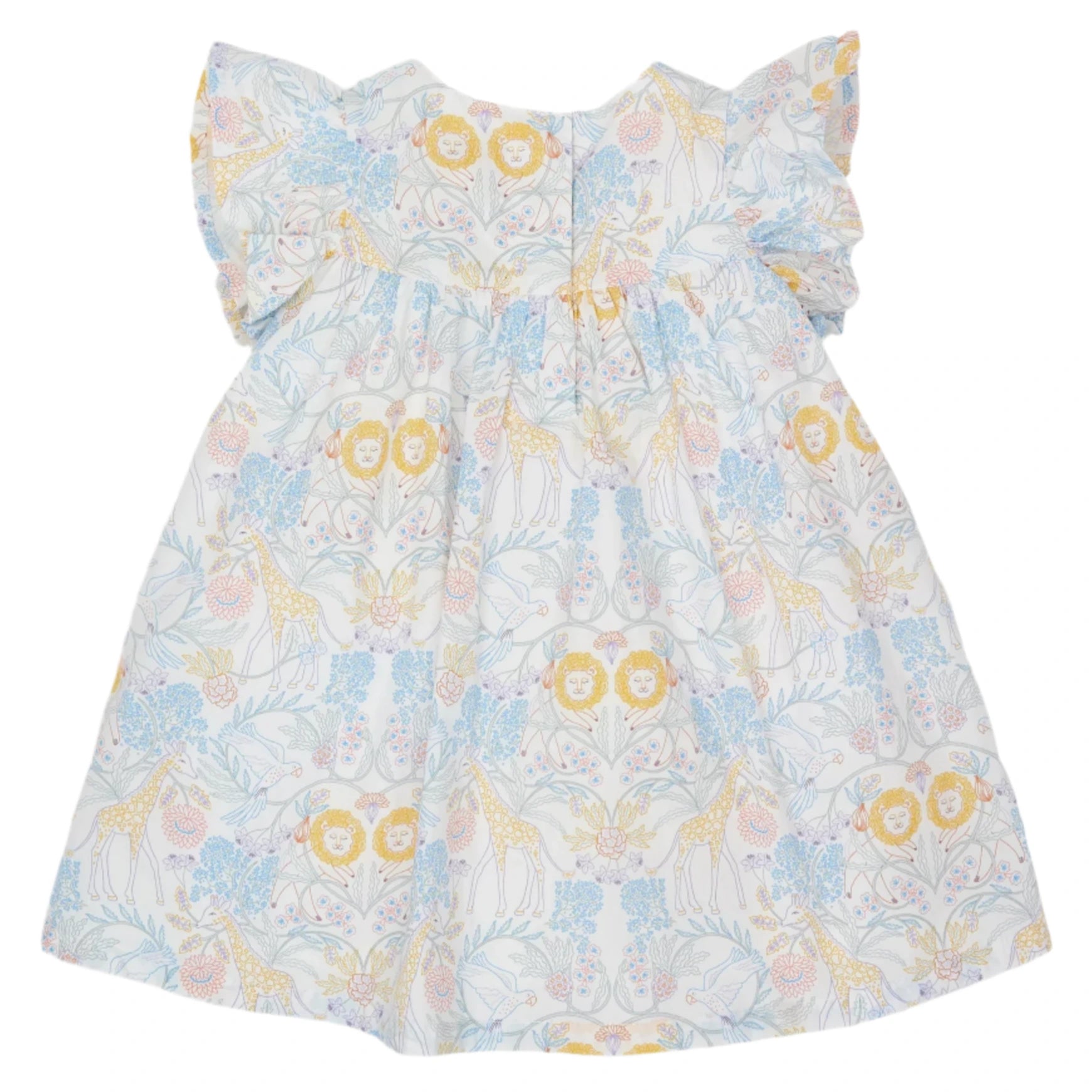 The Magnetic Me Girls' Cotton Poplin Easy Peasy Sleeveless Dress features pastel lions, giraffes, and florals on white poplin, made from soft organic cotton for your baby’s comfort.