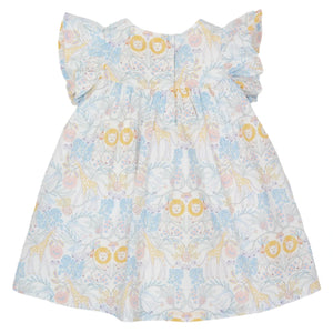 The Magnetic Me Girls' Cotton Poplin Easy Peasy Sleeveless Dress features pastel lions, giraffes, and florals on white poplin, made from soft organic cotton for your baby’s comfort.