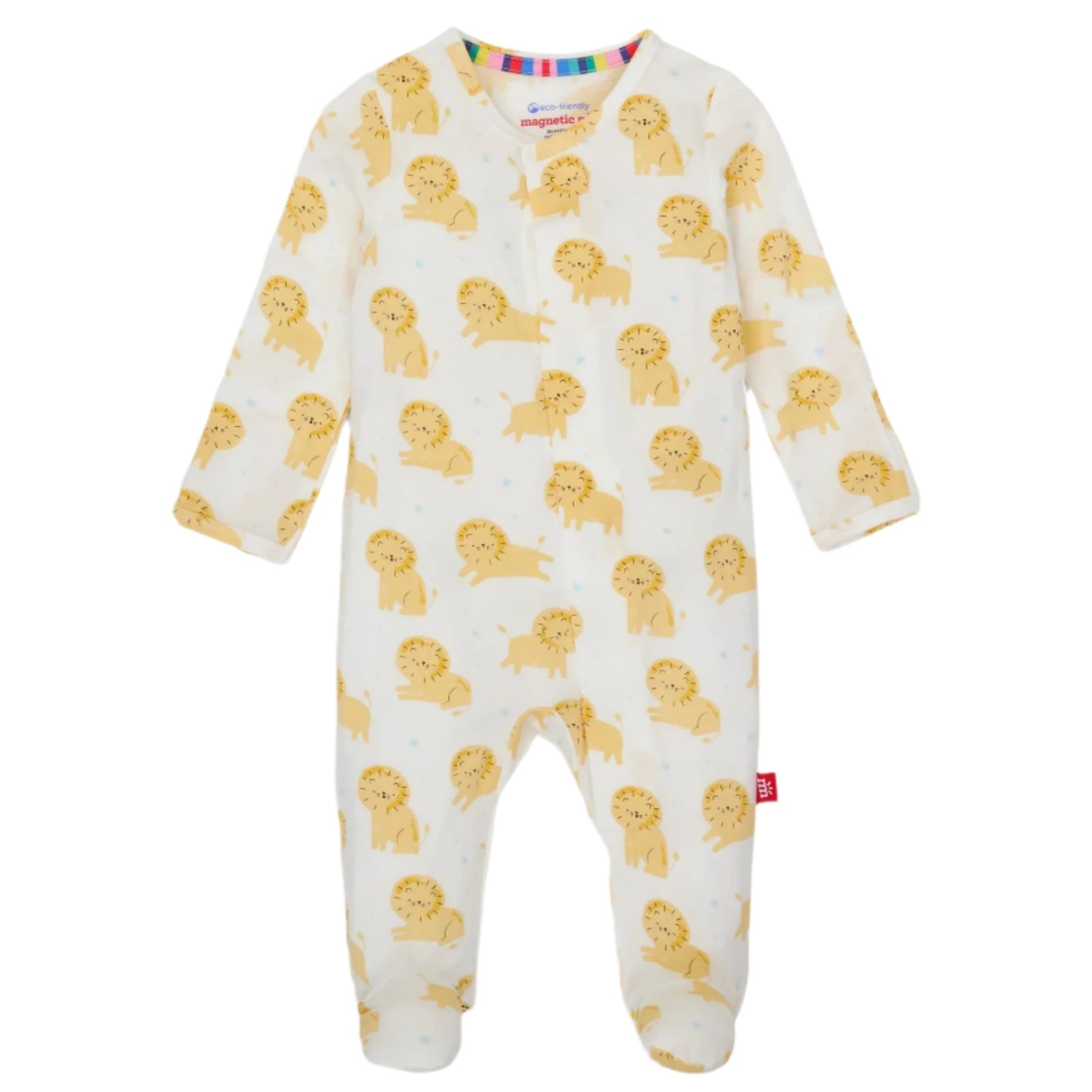 The Magnetic Me Baby Modal Footie features long sleeves and legs, an all-over yellow lion print, a rainbow-striped collar lining, and is made from eco-friendly TENCEL™ modal for temperature-regulating comfort.