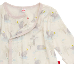 The Baby Modal Kimono Set by Magnetic Me is a cream kimono top with light pink trim, magnetic closures, an elephant and tree print, and a visible red side tag.