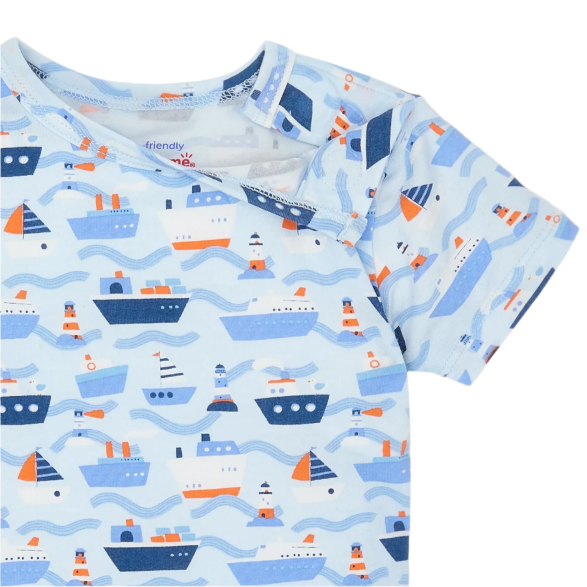 The Magnetic Me Baby Boys' Modal No Drama S/S Short Pajama Set is made from eco-friendly TENCEL™ modal and features a nautical pattern with ships, boats, lighthouses, waves, short sleeves, and snap buttons at the neckline.
