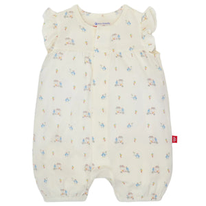 The Baby Girls' Modal Ruffle Sleeve Romper by Magnetic Me is cream-colored with ruffled sleeves, crafted from soft modal, and features a cute print of small animals and flowers on a plain white background.