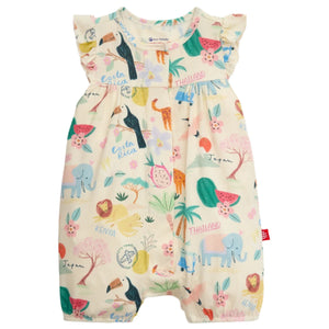The Magnetic Me Baby Girls' Modal Ruffle Sleeve Romper features soft TENCEL™ modal, ruffled shoulders, and colorful animal and country designs—like Japan, Kenya, Costa Rica, and Thailand—on a cream background.