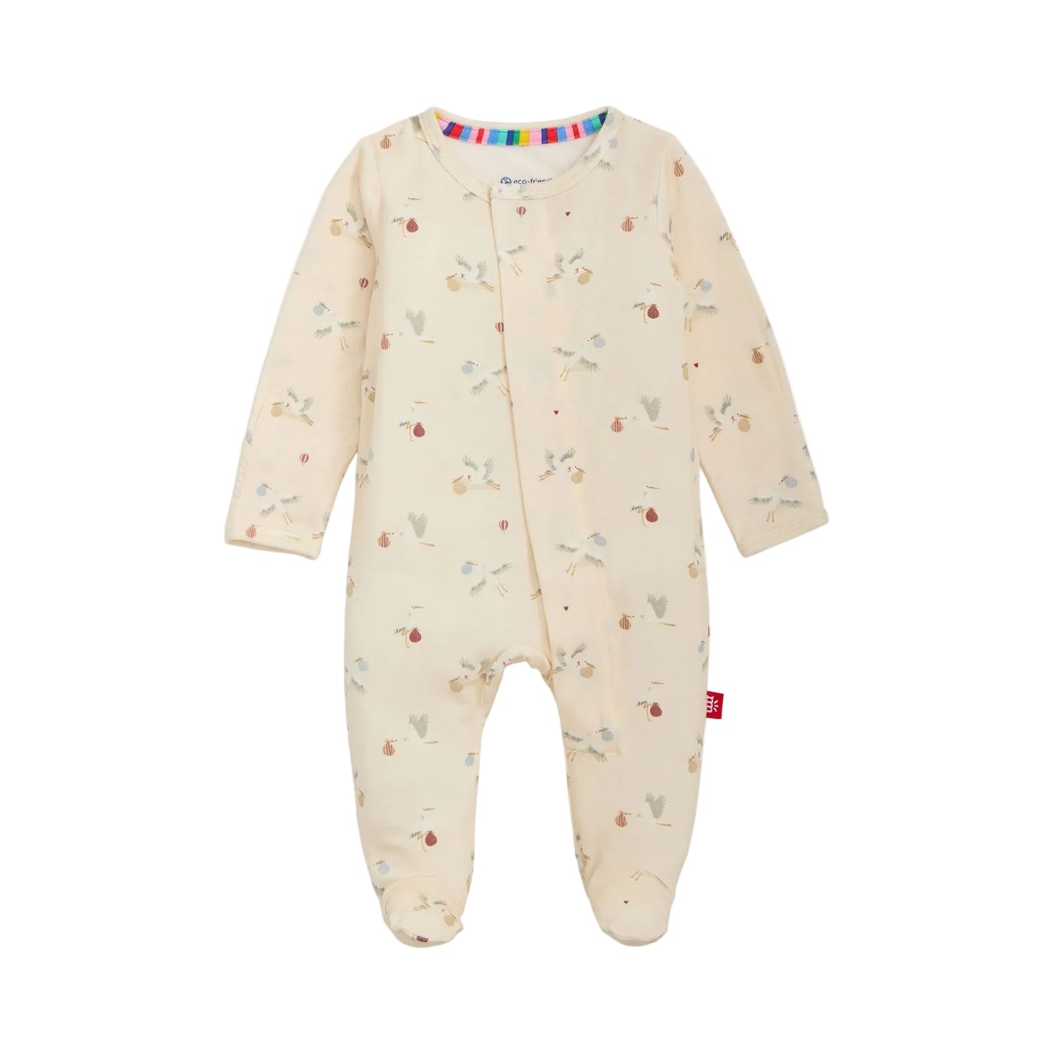 The Magnetic Me Baby Special Delivery Magnetic Footie is a cream-colored, long-sleeve onesie adorned with a small animal print, featuring closed feet and a row of secure magnetic closures down the front—offering convenience and cozy comfort for your little one.