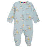 Introducing the Magnetic Me Baby Boys’ Gulls Wanna Have Fun Coverall: a light blue, long-sleeved and footed sleepsuit crafted from naturally flame retardant RightFit fabric, featuring an adorable print of cartoon gulls sporting striped shirts and hats, and accented with a multicolored striped neckline trim.