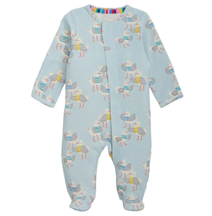 Introducing the Magnetic Me Baby Boys’ Gulls Wanna Have Fun Coverall: a light blue, long-sleeved and footed sleepsuit crafted from naturally flame retardant RightFit fabric, featuring an adorable print of cartoon gulls sporting striped shirts and hats, and accented with a multicolored striped neckline trim.