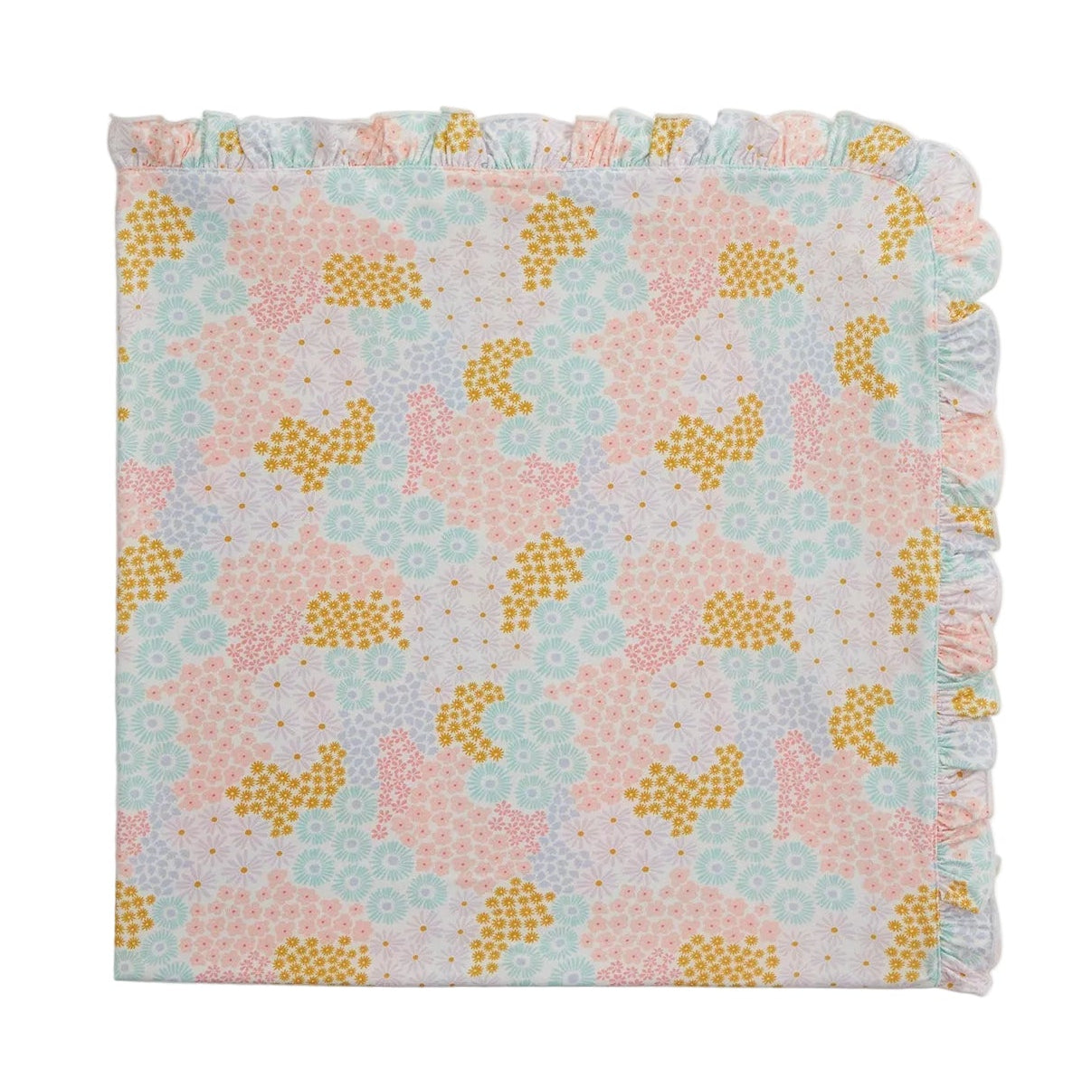 The Harper Ruffle Blanket by Magnetic Me is a folded quilt featuring a pastel floral pattern in yellow, pink, and light blue with a ruffled edge along two sides—perfect as a cozy stroller blanket for little ones on the go.
