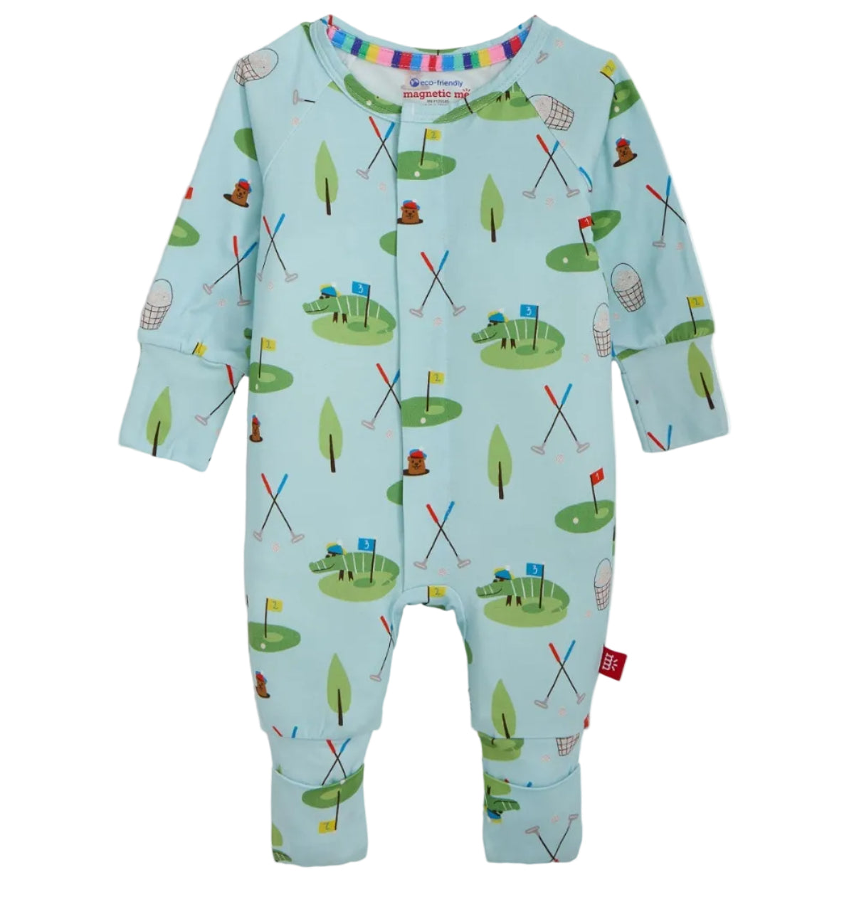 The Magnetic Me Baby Boys’ Gopher It Coverall is a light blue long-sleeve onesie, crafted from soft, sustainable modal fabric and adorned with a golf-themed print featuring golf clubs, flags, trees, nets, and playful cartoon animals; it features snap buttons down the front for easy dressing.