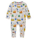Introducing the Magnetic Me Baby Boys’ Toe Zone Coverall—a white onesie featuring a playful colorful construction vehicle and tool print. Designed with long sleeves and convenient snaps down the front and legs, it’s crafted from soft, sustainable modal fabric to provide gentle comfort for your baby’s delicate skin.