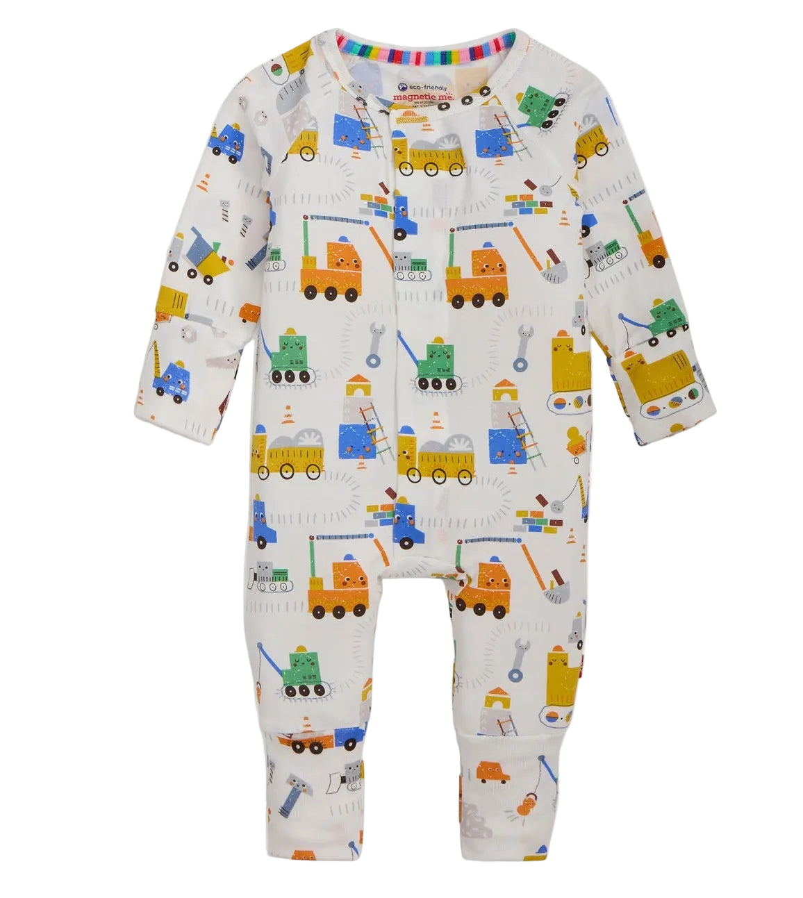 Introducing the Magnetic Me Baby Boys’ Toe Zone Coverall—a white onesie featuring a playful colorful construction vehicle and tool print. Designed with long sleeves and convenient snaps down the front and legs, it’s crafted from soft, sustainable modal fabric to provide gentle comfort for your baby’s delicate skin.