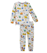 The Magnetic Me Baby Boys’ and Toddler Toe Zone PJ Set features a construction vehicle print in various colors on a white background. Made from soft modal fabric for comfort, this long-sleeve set is designed for easy dressing, with the top and bottom laid out flat.