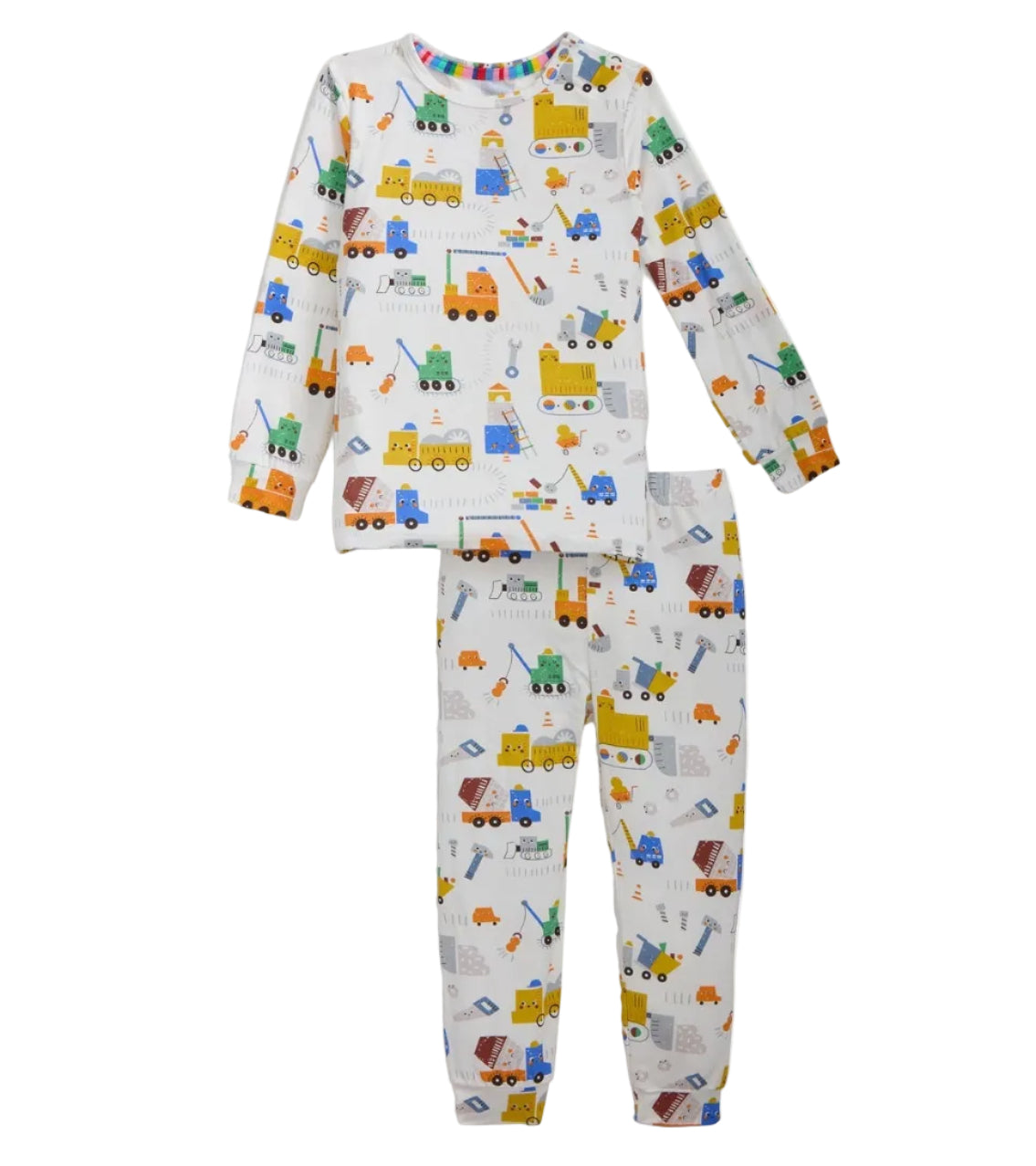 The Magnetic Me Baby Boys’ and Toddler Toe Zone PJ Set features a construction vehicle print in various colors on a white background. Made from soft modal fabric for comfort, this long-sleeve set is designed for easy dressing, with the top and bottom laid out flat.