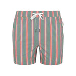 The Charles 5″ Swim Trunk by Onia features a green base with vertical red, pink, and white stripes, a white drawstring at the waist, and a relaxed fit. Expertly tailored from quick-dry fabric, these swim trunks offer comfort both in and out of the water.