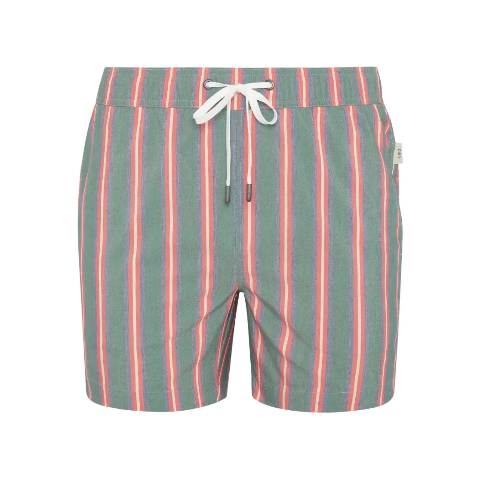 The Charles 5″ Swim Trunk by Onia features a green base with vertical red, pink, and white stripes, a white drawstring at the waist, and a relaxed fit. Expertly tailored from quick-dry fabric, these swim trunks offer comfort both in and out of the water.