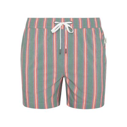 The Charles 5″ Swim Trunk by Onia features a green base with vertical red, pink, and white stripes, a white drawstring at the waist, and a relaxed fit. Expertly tailored from quick-dry fabric, these swim trunks offer comfort both in and out of the water.