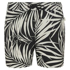 The Charles 5" Swim Trunk by Onia features a black design with a white palm leaf pattern, classic tailoring, a black drawstring waist, and a small fabric tag on the side.