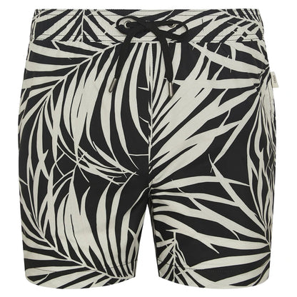The Charles 5" Swim Trunk by Onia features a black design with a white palm leaf pattern, classic tailoring, a black drawstring waist, and a small fabric tag on the side.