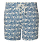 The Onia Charles 5" Swim Trunk features a blue and white fan-like pattern, a drawstring waist, and quick-dry fabric.