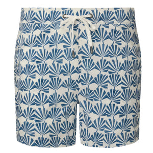 The Onia Charles 5" Swim Trunk features a blue and white fan-like pattern, a drawstring waist, and quick-dry fabric.