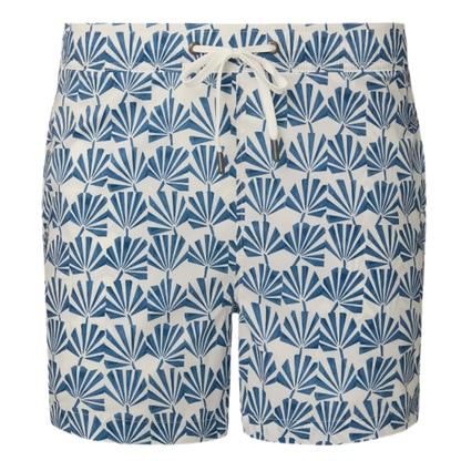 The Onia Charles 5" Swim Trunk features a blue and white fan-like pattern, a drawstring waist, and quick-dry fabric.