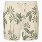 The Onia Charles 5" Swim Trunk is beige with a green palm leaf pattern and a white drawstring, crafted from quick-dry fabric for ultimate comfort.