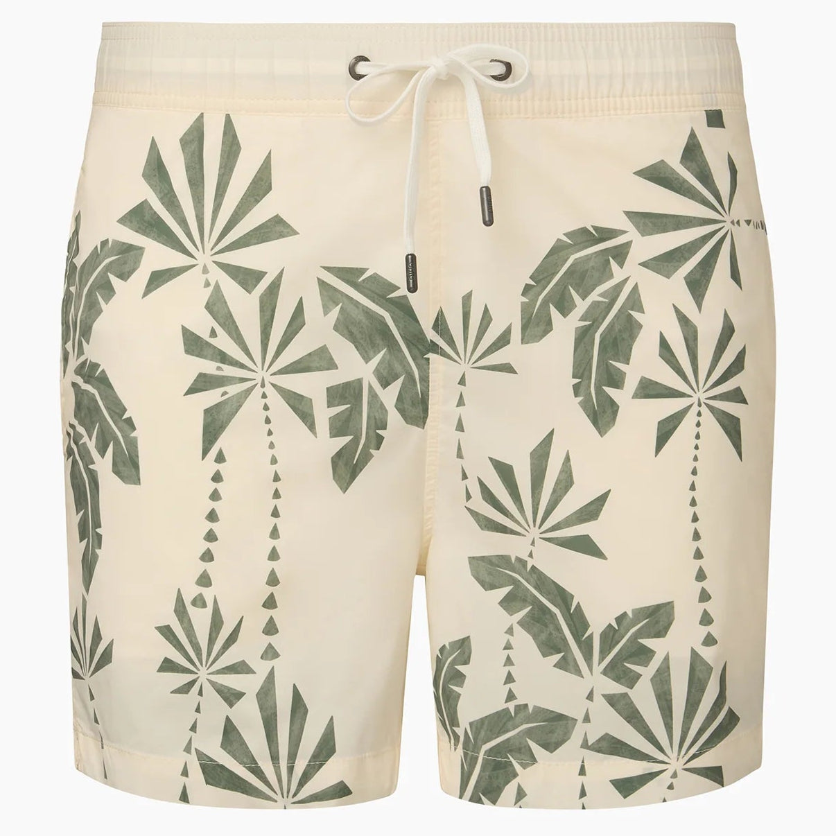 The Onia Charles 5" Swim Trunk is beige with a green palm leaf pattern and a white drawstring, crafted from quick-dry fabric for ultimate comfort.